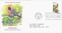 USA United States 1982 FDC Wisconsin, Robin And Wood Violet, Bird Birds Flower Flowers, Canceled In Washington - 1981-1990