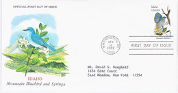 USA United States 1982 FDC Idaho, Mountain Bluebird And Syringa, State Bird Birds Flower Flowers, Canceled In Washington - 1981-1990