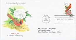 USA United States 1982 FDC Indiana, Cardinal And Peony, State Bird Birds Flower Flowers, Canceled In Washington - 1981-1990