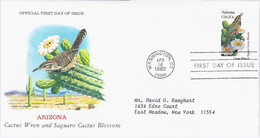 USA United States 1982 FDC Arizona, Cactus Wren And Saguaro Cactus Blossom, Bird Birds Flower, Canceled In Washington - 1981-1990