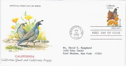 USA United States 1982 FDC California, Quail And Poppy, State Bird Birds Flower, Canceled In Washington - 1981-1990