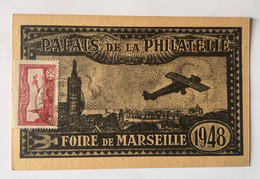 CPA PALAIS DE LA PHILATÉLIE FOIRE DE PARIS 1948 VIGNETTE ET TIMBRE N 5 Poste Aerienne - Covers & Documents