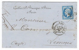 1865 - YT 22 Oblitéré étoile 4 De Paris Sur LAC Pour Limoux (Aude) - TAD 1530 R. D'Enghien - 1849-1876: Periodo Clásico