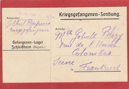WW1 - Carte En Franchise Du Camp De Prisonniers De Schleissheim Vers Colombes 1916 - 1. Weltkrieg 1914-1918