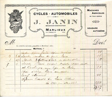 FACTURE.01.AIN.MARLIEUX.CYCLES.AUTOMOBILES.J.JANIN MECANICIEN CONSTRUCTEUR. - Automovilismo