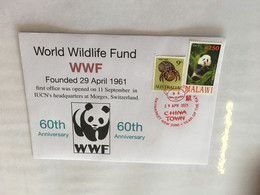 (2 B 11) 60th Anniversary Of WWF Foundation - With Panda Malawi Stamp + OZ Crab Stamp (red P/m) - Gebruikt