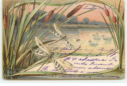 N°16670 - Art Nouveau - Canard Sur L'eau, Libellules Et Roseaux - 1900-1949