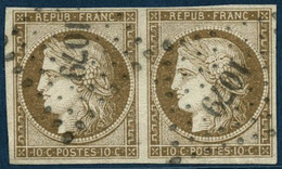 Obl. N°1 10c Bistre, Paire Obl  PC 1079, Signé Calves - TB - 1849-1850 Ceres