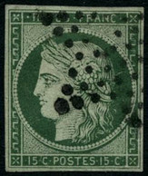 Obl. N°2b 15c Vert Foncé, Petites Marges - B - 1849-1850 Ceres