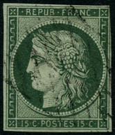 Obl. N°2c 15c Vert, Très Foncé, Au Filet à Droite - B - 1849-1850 Ceres