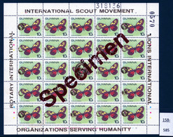 1989 Sheet/25 MNH Butterflies Optd Specimen : Lions International, Rotary & Scouts : 10c GOLD Opt - Guyana (1966-...)