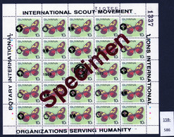 1989 Sheet/25 MNH Butterflies Optd Specimen : Lions International, Rotary & Scouts : 10c BLACK Opt - Guyana (1966-...)