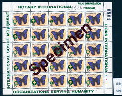 1989 Sheet/25 MNH Butterflies Optd Specimen : Lions International, Rotary & Scouts : 15c GREEN Opt - Guyana (1966-...)