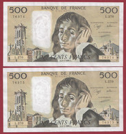 France 500 Francs "Pascal" Du 03/03/1988.A--ALPH.L.270 -SUITE DE 2 BILLETS- Dans L 'état - 500 F 1968-1993 ''Pascal''