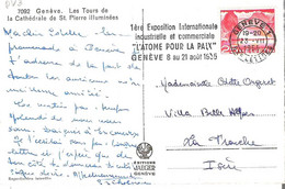 SUISSE GE Flamme Postale Exposition Internationale L'Atome Pour La Paix Aout 1955 Sur Carte Postale - Frankiermaschinen (FraMA)