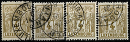 Luxembourg Luxemburg 1882  Allégorie  4x 4c. Dent.12 1/2, Cachets Luxembourg,Vianden,Esch/Alzette,Roodt - 1882 Allegorie