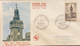 P) 1955 FRANCE, THE BELL TOWER OF MOULINS STAMP, FDC, COVER OF JACQUEMART BELL TOWER, WITH CANCELATION, XF - Andere & Zonder Classificatie