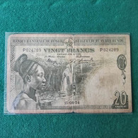 CONGO BELGA 20 FRANCS 1954 - Bank Van Belgisch Kongo