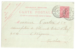 GRAVESON Bouches Du Rhône Carte Postale Entier 10 C Semeuse Lignée Rose Sur Vert Yv 129-CP1 Storch A1 Date 521 Ob 1905 - Standaardpostkaarten En TSC (Voor 1995)