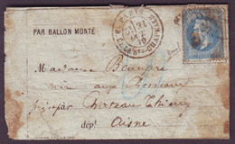 LAC - Ballon Monté "LE GARIBALDI": Tàd PARIS R. DE LA Ste CHAPELLE (21-10-1870) + Etoile 32 / N° 29 + Taxe 20 (Allemande - War 1870
