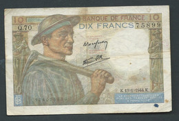 FRANCE -,MINEUR Billet De 10 Francs , 13/01/ 1944-  6   Q.70  75899 Laura 6803 - 10 F 1941-1949 ''Mineur''