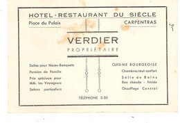 Carte Commerciale De L'Hôtel Restaurant Du Siècle Verdier Place Du Palais à Carpentras Vaucluse - Food