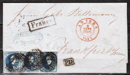 Lettre Du 02.09.1852 D'Anvers Pour Francfort Affranchie Par 3 Du N° 7 + Griffe Encadrée Franco  - LOOK!!!! - Balkenstempel: Einladungen
