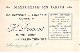 Carte Commerciale Mercerie Bonnéterie Lingerie Dumont à Valenciennes Rue Honhon Années 20 - Textile & Vestimentaire