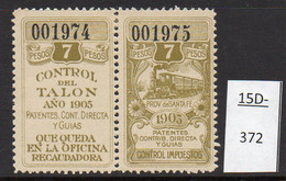 Argentina 1905 Santa Fe 7P Revenue – Steam Railway Train – Railroad Locomotive – Ferrocarril Variety Variedad MH - Unused Stamps