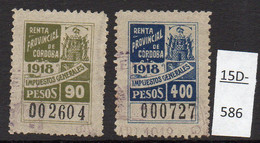 Argentina / Cordoba Province Revenue Fiscal Impuestos Generales 1915 90P & 400P, Used Singles (2). - Other & Unclassified