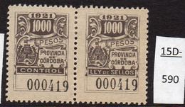 Argentina / Cordoba Province Revenue Fiscal Ley De Sellos 1921 10O0P MH Pair (2) - Other & Unclassified