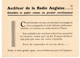 Affichette Contre Les Auditeurs De La Radio Anglaise - Documenti Storici