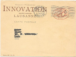 Affranchissement Mécanique Sur CARTE POSTALE REPIQUEE - Gds Magasins INNOVATION à LAUSANNE -Nouvelles Galeries 1926 - Frankeermachinen