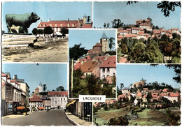 CPSM MULTI-VUES DE LAGUIOLE  (AVEYRON)  LE TAUREAU PAR GUYOT. VUE GENERALE. LE COIN DES ARTISTES. ROUTE NATIONALE - Laguiole