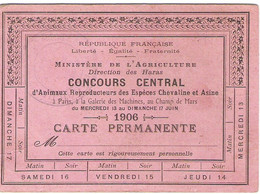 Carte Permanente Concours Central Agricole Direction Des Haras Paris Champ De MArs Juin 1906 - Eintrittskarten