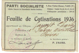 Lot 2 Feuilles De Cotisations Au Parti Socialiste SFIO Section De Privas Ardèche Pour 1927 & 1936 Avec Timbres - Documents Historiques