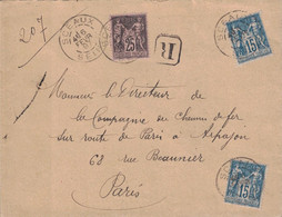 SEINE - SCEAUX - ENVELOPPE RECOMMANDEE AVEC TYPE - SAGE - TARI 55c - VERSO RARE CACHET PARIS 7 RAYON-CENTRAL ET PARIS 8 - 1877-1920: Periodo Semi Moderno