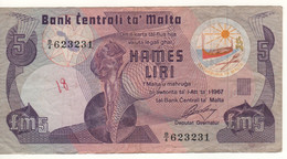 MALTA  5 Liri/Pounds  P35a   ( L. 1967 - 1979)   Statue Of "Culture"  + Industrial Estate On Back - Malte