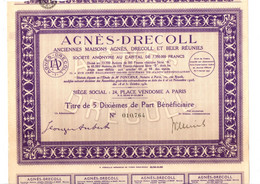 Agnès-Drecoll-Beer Place Vendôme - Action Paris 1931 Avec 20 Coupons - Me Fontana Notaire - A - C