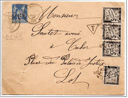 1891 - Enveloppe Affr.15c Sage, Taxe 5 Bande De 3+30c Duval Noirs à Cahors (Lot) - Du Facteur-Boitier Duravel (Lot) - 1859-1955 Brieven & Documenten