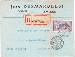 Merson 144 Sur Recommandé "vins Desmarquest" à Amiens , Pour Chalon-sur-Saône  (1921) - 1900-27 Merson