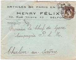 Semeuse 193 Sur Lettre Des Ets Félix à Belfort , Pour Chalon-sur-Saône  (1926) - 1906-38 Sower - Cameo