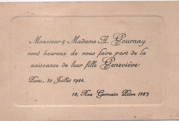 Naissance De Geneviève GOURNAY / Monsieur Et Madame  Auguste Gournay/ 18 Rue Germain Pilon Paris 18éme/1924   FPN13 - Huwelijksaankondigingen