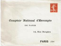 REF SAU15 - FRANCE  ENVELOPPE SEMEUSE CAMEE 10c REPIQUAGE COMPTOIR NATIONAL D'ESCOMPTE - Buste Ristampe (ante 1955)