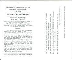 Doodsprentje Van De Velde Richard   	25-02-1895 Zwijnaarde	20-08-1967 Gent	Weduwnaar Van Anna Van Damme - Obituary Notices