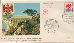 P) 1958 FRANCE, FDC, COAT OF ARM OF NIZA STAMP, WINTER RESORT, COMMERCIAL AND PASSENGER PORT, XF - Other & Unclassified