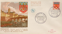 P) 1959 FRANCE, FDC, COAT OF ARM OF TOULOUSE STAMP, CAPITAL OF LANGUEDOC, COMMERCIAL AND INDUSTRIAL CENTER, XF - Andere & Zonder Classificatie