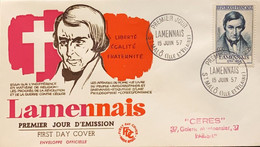 P) 1957 FRANCE, FDC, FAMOUS FRENCHMEN OF LAMENNAIS STAMP, LIBERTY EQUALITY FRATERNITY, XF - Autres & Non Classés