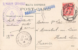 France 1914 Cachet Sous Marin Cornélie Sur Carte Postale Expédiée De Malte Avec Timbre Cachet Censure Marine Française - Scheepspost