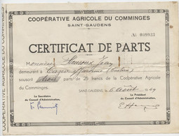 Action, Coopérative Agricole Du Comminges, Saint-Gaudens, Certificat De Parts, Fauroux, Cazères, 1949 - Agriculture